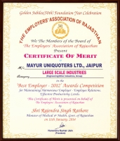 Best Employer Award Certificate of Merit from Employer's Associations of Rajasthan 2012